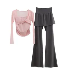 ヨガウェア レディース 上下セット　長袖 スポーツブラ カップ付き 揺れない スポーツウェア トップス ハイウエスト レギンス　スカート付き ヨガ トレーニング フィットネス 吸汗速乾