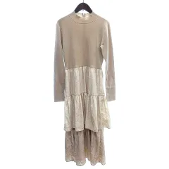 ロペ ROPE ドッキングワンピース マキシ ロング ニット ハイネック 総柄 長袖 F ベージュ /AU