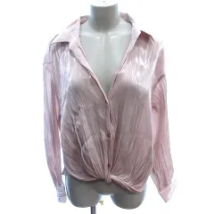 ザラ ZARA シャツ ブラウス スキッパーカラー 前結び 光沢 長袖 M ピンク /AU