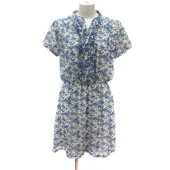 オフオン ofuon ワンピース ひざ丈 花柄 フリル 半袖 38 青 ブルー 黄 イエロー 白 ホワイト /MS