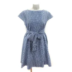 ボンメルスリー BON MERCERIE ワンピース ひざ丈 ギンガムチェック ウエストマーク フレンチスリーブ 38 青 ブルー 白 ホワイト /MS