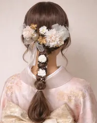 成人式　髪飾り　卒業式　結婚式　リボン　ホワイト　ドライフラワー　ヘッドドレス