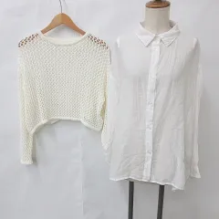 グレイル GRL ブラウス ニット 2枚セット シャツ 長袖 シースルー プルオーバー ボートネック メッシュ 白 ホワイト アイボリー M F