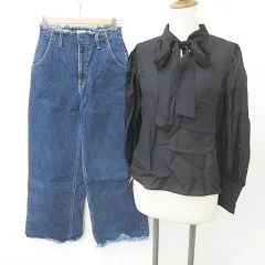 アズールバイマウジー AZUL by moussy ブラウス デニム 2枚セット 長袖 ボウタイ ジーンズ パンツ ハイウエスト ロング丈 切りっぱなし 黒 インディゴ ブルー ブラック F S