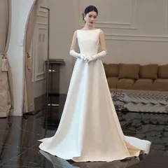 【送料込み】ウェディングドレス サテン オフショルダー Aラインマーメイド 小トレーン付き 前撮り 挙式 結婚式 白 上品 シンプル 高見え レトロ 華やか フォーマル 本番 迎賓 即購入OK 軽め 主紗