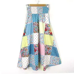 スカート フレア 花柄 パッチワーク風 シャーリング ロング マキシ M マルチカラー 美品