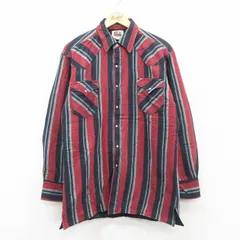 L/古着 ELY 長袖 ウエスタン フランネル シャツ メンズ 90年代 90s ロング丈 エンジ他 ストライプ 内側キルティング 26feb12