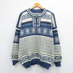 XL/古着 長袖 ノルディック セーター メンズ 90年代 90s 雪柄 手織り ウール 紺他 26feb12