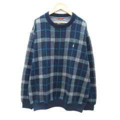 ハッシュパピー Hush Puppies ニット セーター 長袖 大きいサイズ LL 紺 チェック柄 ラウンドネック /SY57 ■ECA001