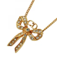 【6jcb0362-k】クリスチャンディオール ネックレス CDロゴ リボンモチーフ GPメッキ ラインストーン ゴールド【中古】レディース