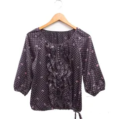 ギャラリービスコンティ GALLERY VISCONTI ドットリボンプリント フリル ブラウス 7分袖 ドローストリング ブラウン 茶 /FT8