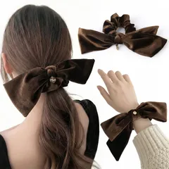 髪飾り 秋冬 上品 チャーム付き 髪留め ヘアアクセサリー あとがつかないヘアゴム 手作り 髪に優しい 結婚式 ベルベット 卒業式 おしゃれ 入学式 大人 2次会 ヘアゴム 韓国風 リボン レディース シュシュ (ダークブラウン) ベロア