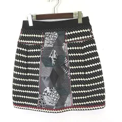 デシグアル Desigual スカート ジャガード パッチワーク 総柄 コンビネーション スカート ひざ丈 M 38 黒 ブラック 白 ホワイト グレー マルチカラー
