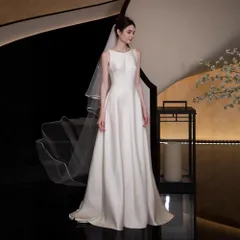 【送料込み】軽婚 ドレス サテン 上品 高級感 ウェディング 入籍記念 前撮り お色直し お呼ばれ パーティー ハイウエスト Aライン 清楚 華やか レディース 白 ホワイト XS S M L XL XXL