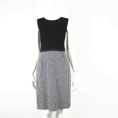 ハナエモリ HANAE MORI アルマアンローズ ALMA en ROSE ワンピース ドッキング リブ ニット ツイード ノースリーブ M 38 黒 ブラック 白 ホワイト 美品