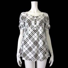 バーバリーブルーレーベル BURBERRY BLUE LABEL チュニック カットソー フレア 半袖 パフスリーブ ノバチェック柄 ロゴ 刺繍 M 38 白 ホワイト 黒 ベージュ 国内正規品