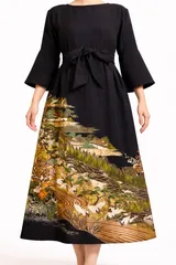 着物リメイク ワンピース ドレス 黒留袖 正絹 群れ鶴文 金彩