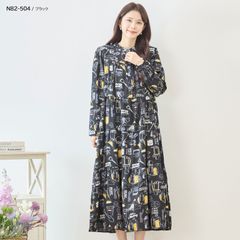 SALE NEW Spring/Summer 【TRUBE】 Camp Pattern Tiered Long Dress 【N82-504】 Women's Clothing, Long Sleeves, All-over Print, Outdoor, Stylish, Elegant, Cute, Pretty, Spring, Summer, Black (L~LL)