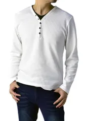 ワッフル メンズ Yヘンリーネック ロングTシャツ CREW] 長袖 ON Tシャツ / [FLAG B2X