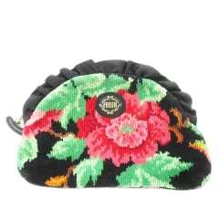 フェイラー FEILER ポーチ シュニール織り 花柄 鳳凰 牡丹 アジアン ロゴ フリル 黒 ブラック /CK26 ■GY18