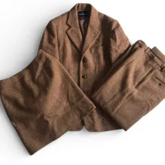 希少　RALPH LAUREN　ラルフローレン　90s　ヴィンテージ　3点セット　セットアップ　スラックス　ジャケット　スカート　ブラウン　くるみボタン　サイズ11　牛革　総柄　１タック