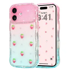 LAPOPNUT iPhone 16 Plus 用 ケース 可愛い キラキラ ラメ 3Dデコレーション いちご さくらんぼ アイスクリーム かわいい スマホケース 半透明 ウェーブフレーム グラデーション 耐衝撃 保護 軽量 いphone16plus 用  0