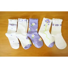 【新品 未使用】 5足セット 靴下 キッズ 花柄 パープル 子供 靴下ショートくつした ソックス  女の子 キッズ 涼しい 蒸れにくい 小学生 保育園 幼稚園 子ども  入学式 [ネコポス]