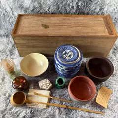 茶道具 お点前セット 短冊箱 祥瑞手水香合 黒柿茶杓 京焼茶碗建水 　YS26C-100