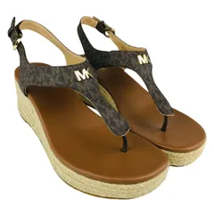 新品同様★MICHAEL KORS★マイケルコース【LANEY】レディース レザー:ジュートコンビ  MKモノグラムストラップ メタルMK ウェッジソール サンダル 厚底 (7M/24㎝相当) ブランドサンダル レディースサンダル カジュアル 春夏靴