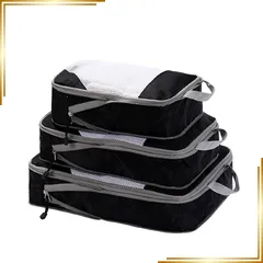 【新品】 トラベルポーチ 圧縮袋 旅行圧縮バッグ 3点セット ファスナー圧縮 スペース節約 便利グッズ 海外旅行 衣類仕分け 防水・防塵 黒 0