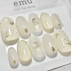 65.レギュラーオーバル15469 ホワイトネイル　フラワーネイル　入学式　ブライダルネイル