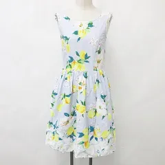 チェスティ Chesty ワンピース ひざ丈 ノースリーブ クルーネック プリント総柄 綿 グレー 黄 緑 イエロー グリーン 0