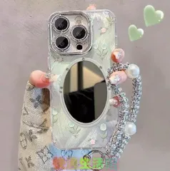 グリーンチューリップ柄 チェーンハンドル付き ミラーケース iPhone 17/16 Pro Max/15 Pro/14/13 対応 カメラ全面保護zh0321