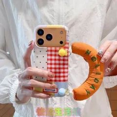 オレンジ 中綿入り iPhone17/17Pro対応 スマホケース リストストラップ 手提げ ジオメトリック切替 チェック柄 16ProMax/15ProMax/14/13対応 新作zh0321