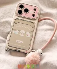 かわいい花柄＆子犬 ミラー付きカードポケット ストラップ付き iPhone 17 Pro Max／16 Pro／15 Pro／16 PM／14 Pro対応 シリコンケースzh0321