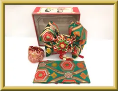 七五三 七才晴れ着 七歳晴れ着 帯 作り帯 飾り帯 結び帯 緑 グリーン 亀甲紋 古典 和柄 巾着 バッグ 付 和装小物 箱付