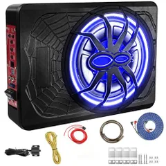 カーサブウーファー800W 10インチ スリム アンダーシート アクティブ カーサブウーファー、高/低レベル入力、車/トラックオーディオサブウーファー内蔵アンプコンボセット、ブルーLEDライト付きma