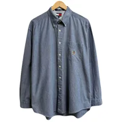 90's TOMMY HILFIGER トミーヒルフィガー シャンブレーシャツ ロゴ刺繍 フラッグロゴ ワッペン ボタンダウンシャツ コットンシャツ ポケット付き 長袖シャツ ブルー系 L/Gサイズ No.P059