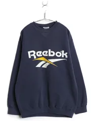 【お得なクーポン配布中!】 90s USA製 リーボック ビッグ ロゴ プリント スウェット メンズ L / 古着 オールド トレーナー 前V 裏起毛 クルーネック スポーツ ネイビー