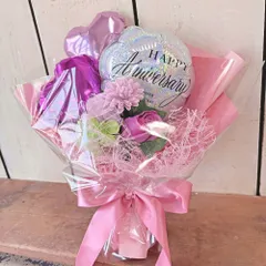 シャイニーピンクハートバルーンHAPPYanniversaryブーケソープフラワー