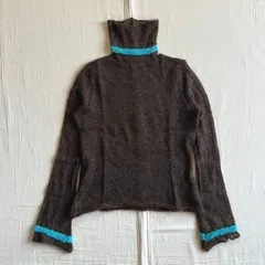 イタリア製　collection PRIVEE?　モヘア58％　ハイネック　タートル　薄手シアーニット　セーター　袖スリット　フレアスリーブ　バイカラー　ブラウン×ブルー　グランジ　Y2K　パンキッシュ　high neck mohair knit