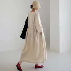 Z新品大きいサイズ リネンコットンワンピース ゆったり ラウンドネック ミモレ丈 森ガール カレッジ おしゃれ