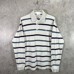LACOSTE ラコステ 鹿の子 ボーダー 長袖ポロシャツ メンズM 古着 ワンポイントロゴ刺繍 ネイビー ベージュ ブルー