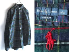 Ralph Lauren ラルフローレン CUSTOM FIT ポロポニーロゴ刺繍 チェックシャツ BDシャツ S ネイビー グリーン 国内正規品