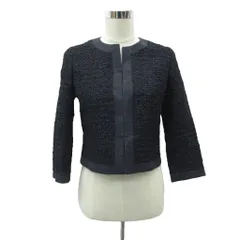 自由区 オンワード樫山 ノーカラージャケット 上着 ミドル丈 34 XS 紺 ネイビー ツイード調 /SM8 ■ECD001