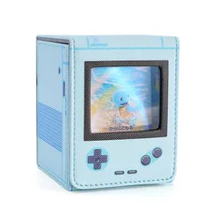 デッキケース トレカケース 推し窓 100枚収納 ゲーム機型 二重 三重スリーブ対応 縦入れ 仕切り2つ付き 革 可愛い (青)