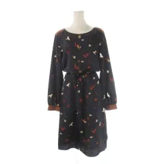 ローラアシュレイ LAURA ASHLEY ワンピース 13 紺 ネイビー 茶 ブラウン 鳥柄 長袖 ラウンドネック /CK20 ■GY58