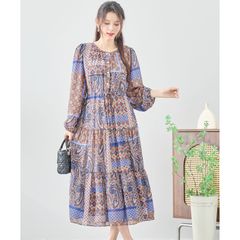 SALENEW Spring/Summer [TRUBE] 에스닉 패턴 웨스트 리본 티아드 원피스 [N82-079C] 여성 여성 의류 옷 긴 소매 총 무늬 세련된 품위 어른 귀여운 깨끗한 봄 여름 블루 (M ~ L)