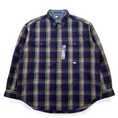 TOMMY JEANS 90年代 フランネルシャツ XL ネイビー チェック コットン スナップボタン 未使用品