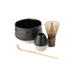 お点前セット 抹茶道具セット 茶道具 抹茶茶道 茶碗 黒竹茶筅(百本立) 茶筅立て 茶杓(真っ黒) 1
